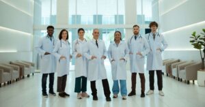 Medicos em frente a uma porta iluminada