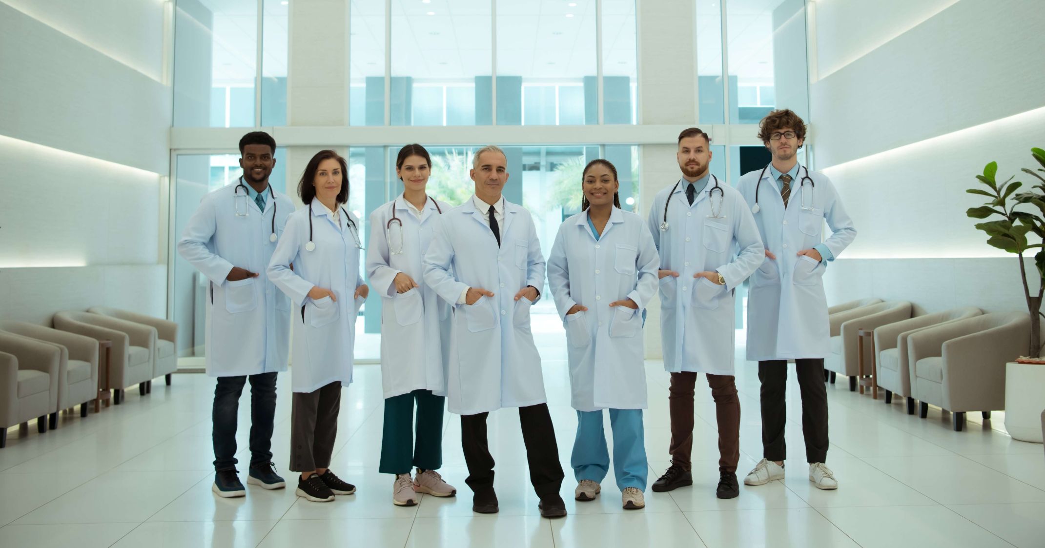 Medicos em frente a uma porta iluminada