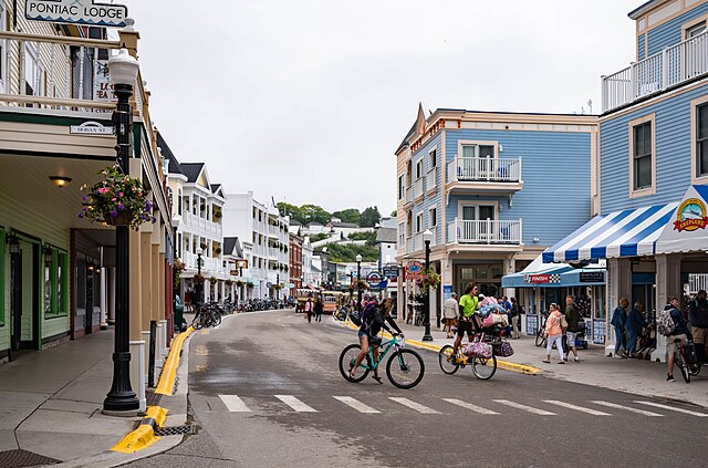 Mackinac Island Michigan, view from the scene with bikes crossing a street